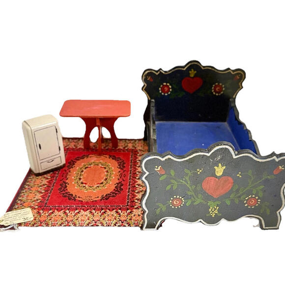 Vintage Dollhouse Mini Furniture Wooden Bed Red Table Carpet Set of 4 70's